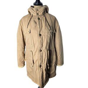 Vintage Tan Long Parka Puffy Jacket Faux Fur Hood